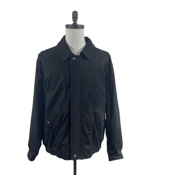 London Fog Soft Black Genuine Cow Hide Leather Bomber Jacket Men XL Insulated